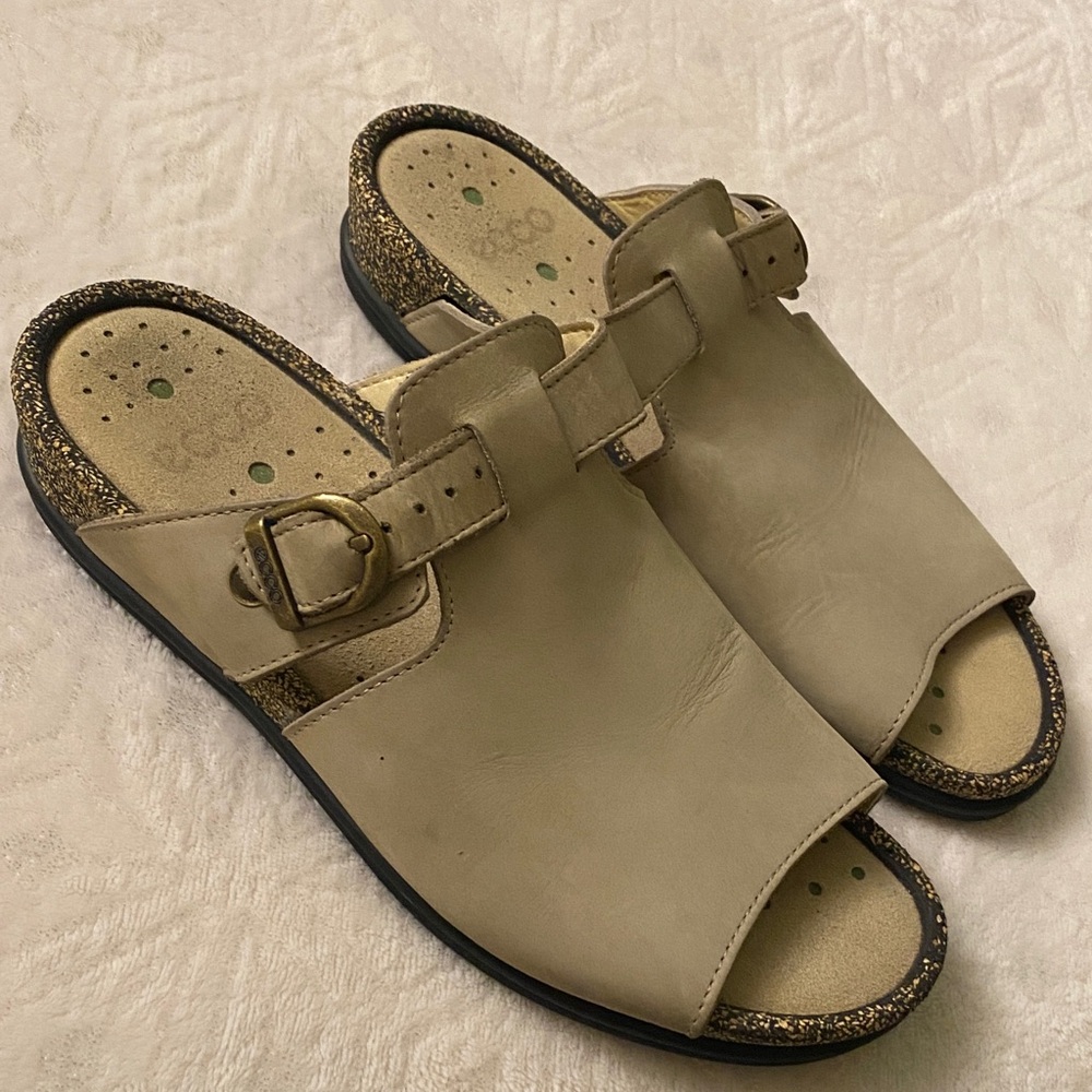 Ecco Taupe Leather Slide Sandals